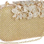 ELEOPTION Women Crystal Diamond Evening Bag with Detachable Chain Chic Leaves Clasp Clutch Diamante Clutch Bag Ladies Sparkly Rhinestone Purse Wallet Handy Bag Party Bridal Prom Wedding