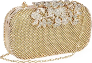 ELEOPTION Women Crystal Diamond Evening Bag with Detachable Chain Chic Leaves Clasp Clutch Diamante Clutch Bag Ladies Sparkly Rhinestone Purse Wallet Handy Bag Party Bridal Prom Wedding