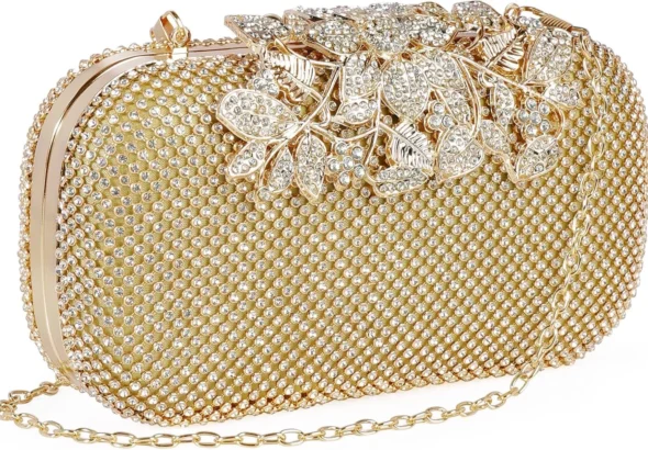 ELEOPTION Women Crystal Diamond Evening Bag with Detachable Chain Chic Leaves Clasp Clutch Diamante Clutch Bag Ladies Sparkly Rhinestone Purse Wallet Handy Bag Party Bridal Prom Wedding