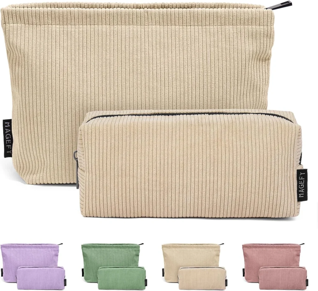 Makeup Bag MAGEFY 2 Pcs Small Cosmetic Bag Travel Makeup Pouch Corduroy Makeup Bag for Purse Portable Versatile Make up Bag for Women (Beige)