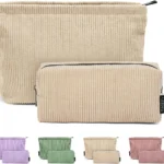 Makeup Bag MAGEFY 2 Pcs Small Cosmetic Bag Travel Makeup Pouch Corduroy Makeup Bag for Purse Portable Versatile Make up Bag for Women (Beige)