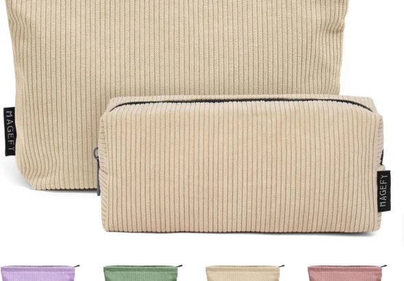 Makeup Bag MAGEFY 2 Pcs Small Cosmetic Bag Travel Makeup Pouch Corduroy Makeup Bag for Purse Portable Versatile Make up Bag for Women (Beige)