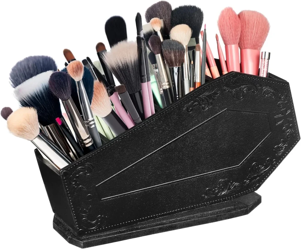 Maitys Coffin Makeup Brush Holder Gothic Wooden Organizer Spooky Coffin Case Gifts for Women Cosmetic Display Cases Spooky Home Office Pencil Brushes Organizer Bathroom Christmas Decor Accessories