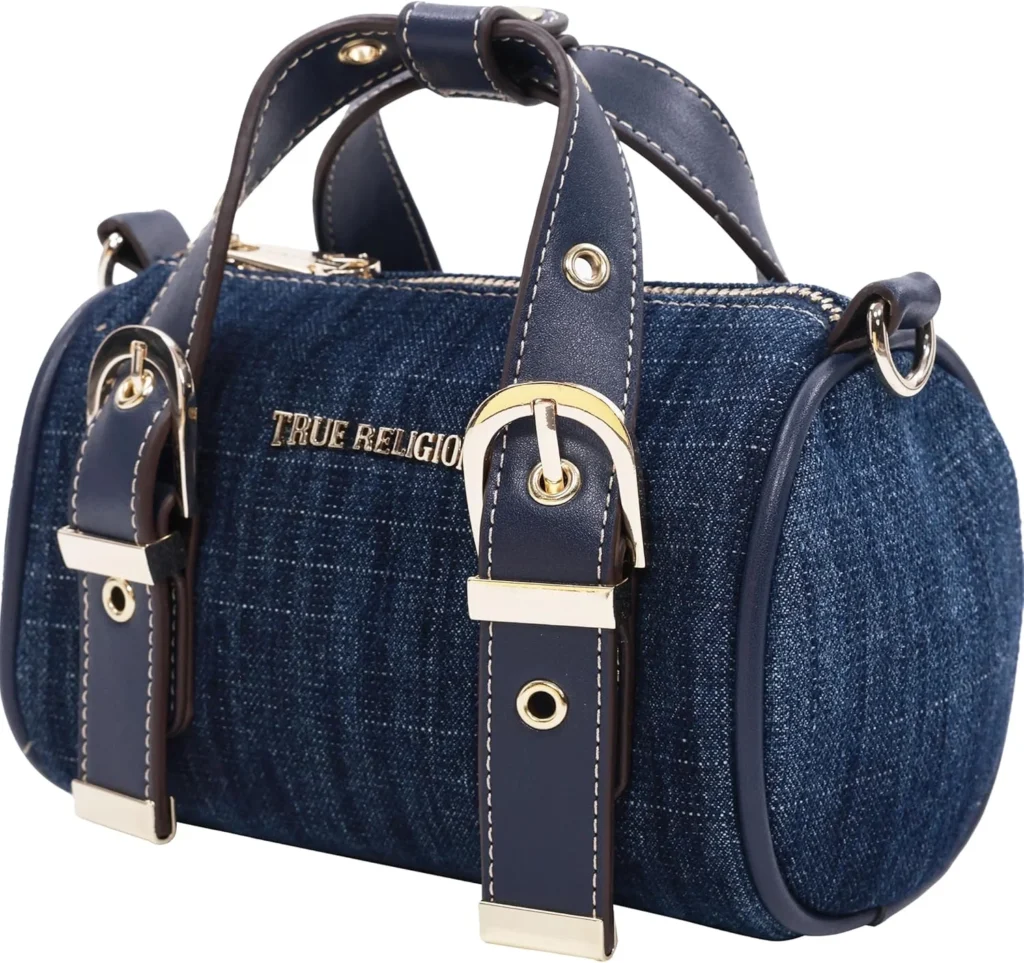 True Religion Denim Buckle Strap Mini Satchel Bag, Structured Dark Denim Crossbody Handbag, Dark Denim