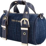 True Religion Denim Buckle Strap Mini Satchel Bag, Structured Dark Denim Crossbody Handbag, Dark Denim