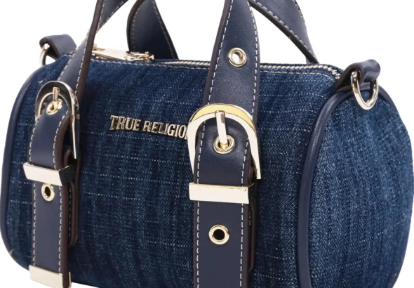 True Religion Denim Buckle Strap Mini Satchel Bag, Structured Dark Denim Crossbody Handbag, Dark Denim