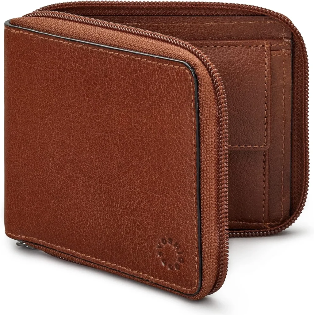Yoshi Mens RFID Blocking Full Zip Around Leather Coin Pocket Wallet (Brown)