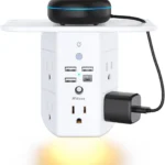 Wall Outlet Extender with Shelf and Night Light, Surge Protector, Wall Mount Charger Multi Plug Expander with 5 AC Outlets and 3 USB A Ports 1 USB C, Wide Space 3-Sided Power Strip Multi Plug Outlets