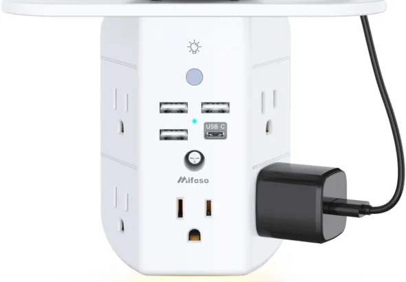 Wall Outlet Extender with Shelf and Night Light, Surge Protector, Wall Mount Charger Multi Plug Expander with 5 AC Outlets and 3 USB A Ports 1 USB C, Wide Space 3-Sided Power Strip Multi Plug Outlets