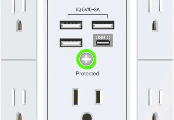 Wall Charger, Surge Protector, QINLIANF 5 Outlet Extender with 4 USB Charging Ports, 3-Sided 1680J Power Strip Multi Plug Adapter Spaced for Home Travel Office