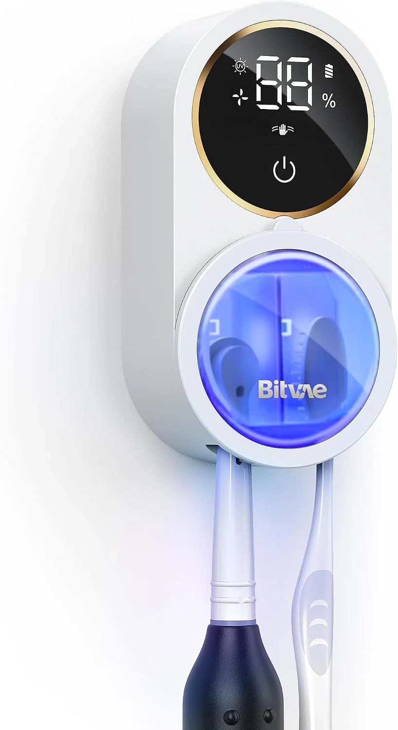 Bitvae Upgraded Tooth Brush Holder for Bathroom 2.0, Infrared Sensing Toothbrush Cleaner, Wall-Mounted for Most Size Toothbrushes, Air Drying, LED Smart Screen, White Gold Trim