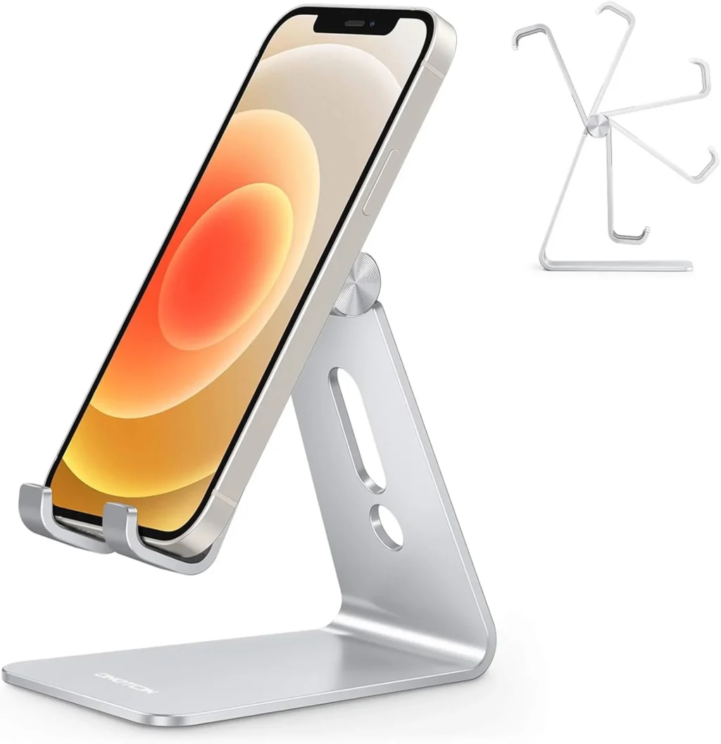 OMOTON Phone Holder, Multi-Angle Adjustable Desk Phone Holder, Aluminum Cell Phone Holder Compatible with iPhone 13 Pro/13/12 Pro Max/12/11 Pro/XR, Samsung S20/S10/S9, Silver