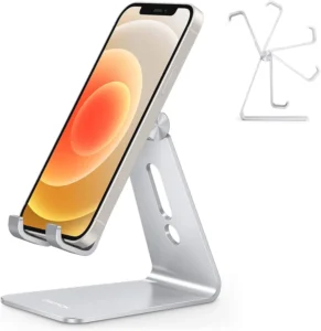 OMOTON Phone Holder, Multi-Angle Adjustable Desk Phone Holder, Aluminum Cell Phone Holder Compatible with iPhone 13 Pro/13/12 Pro Max/12/11 Pro/XR, Samsung S20/S10/S9, Silver