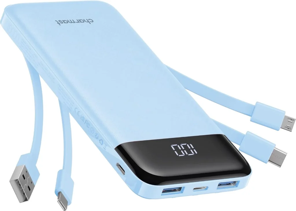 charmast Portable Charger with Reinforced Built-in 4 Cables,10000mAh Power Bank Travel Essentials 6 Outputs 3 Inputs 3A Fast Charging Compatible with iPhone iPad Samsung Google Pixel LG Moto