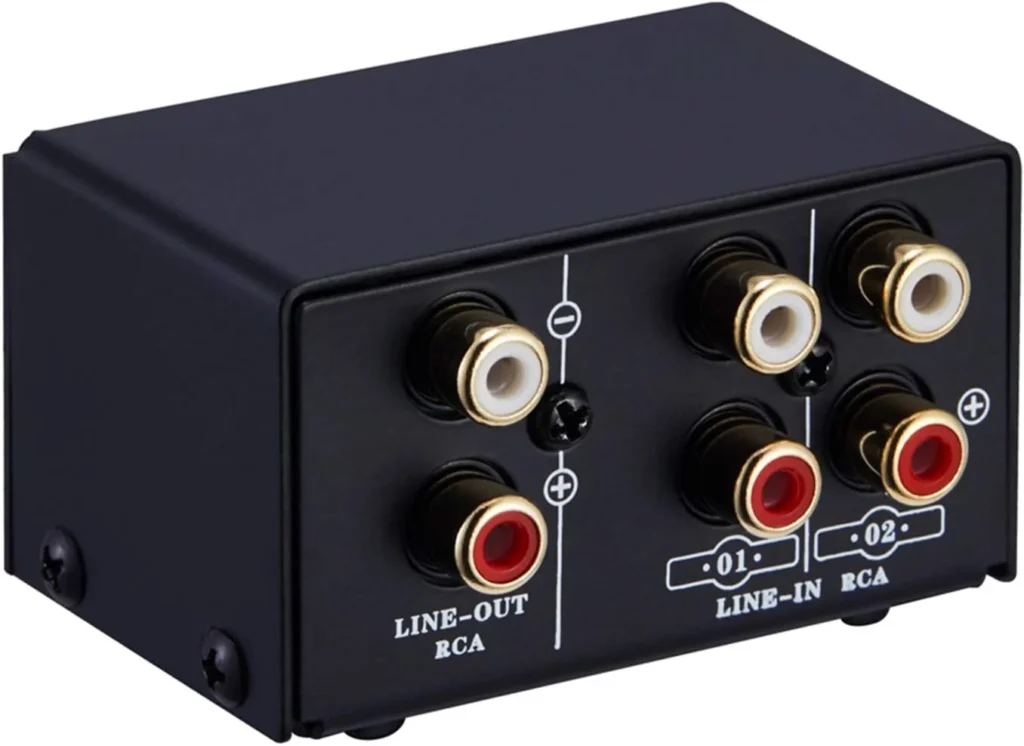 RCA Audio Switch 2 in 1 Out / 1 in 2 Out Stereo Switcher Box | Switch between TVs, computers and speakers with this RCA Audio Switch. Clear stereo sound, no cable swapping or power needed.