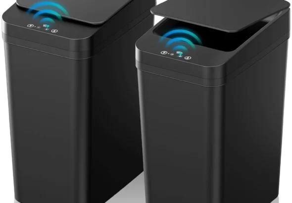 Bathroom Trash Can with Lid, KOEYLE 2 Pack 2.2 Gallon Automatic Touchless Garbage Can, Small Motion Sensor Smart Trash Can, Slim Waterproof Trash Bin for Bedroom, Bathroom, Office, Living Room (Black)