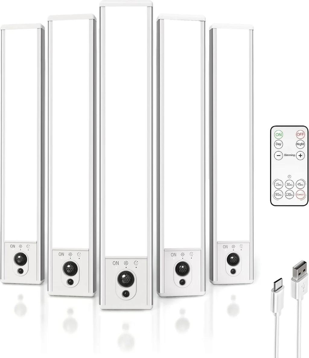 EZVALO 5-Pack Under Cabinet Lighting, 2400mAh Motion Sensor Light, LED Closet Lights Wireless, 6500K Dimmable, Timer, Magnetic, with Remote Control for Kitchen, Closet, Stair