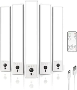 EZVALO 5-Pack Under Cabinet Lighting, 2400mAh Motion Sensor Light, LED Closet Lights Wireless, 6500K Dimmable, Timer, Magnetic, with Remote Control for Kitchen, Closet, Stair