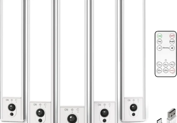 EZVALO 5-Pack Under Cabinet Lighting, 2400mAh Motion Sensor Light, LED Closet Lights Wireless, 6500K Dimmable, Timer, Magnetic, with Remote Control for Kitchen, Closet, Stair
