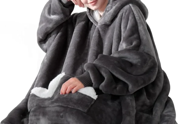 Touchat Wearable Blanket Hoodie, Oversized Sherpa Fleece Sweatshirt Blanket with Giant Hood Pocket and Sleeves for Adult, Warm & Cozy Grey Blanket Gifts for Women