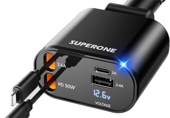 [Upgraded] SUPERONE Retractable Car Charger 4 in 1, Fast Car Phone Charger with Cord 2.6ft, USB C and Apple Car Adapter, Compatible with iPhone 17 16 15/15 Pro Max/14/13/12/11, Galaxy, Pixel