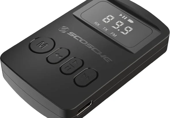 Scosche BTTRFM-SP1 Portable Bluetooth Transmitter/Receiver, FM Transmitter and Wireless Audio Receiver for TV, Headphones, Home/Car Stereo, Airplane Entertainment and more, up to 7 Hour Battery Life