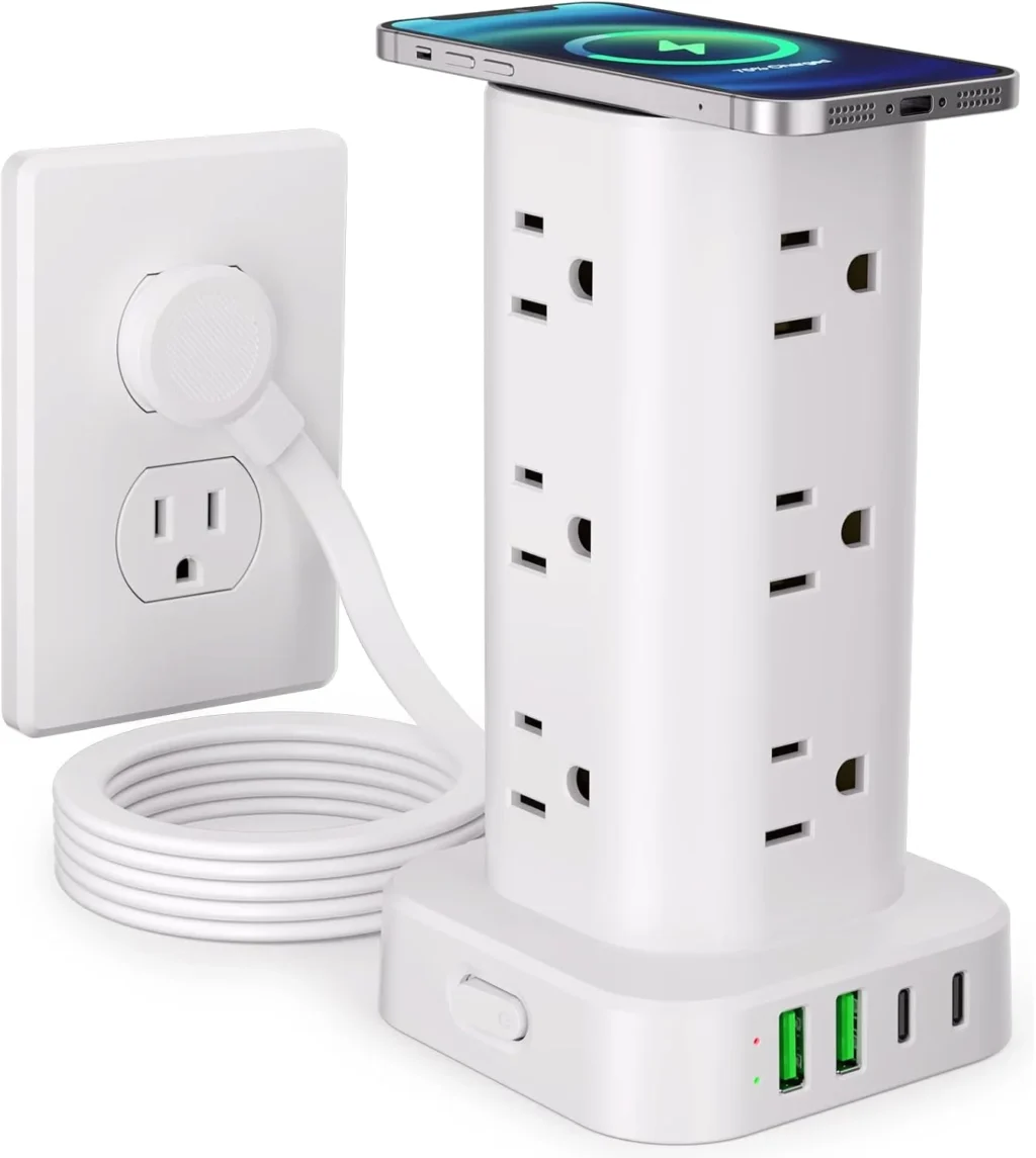 Power Strip Tower with Wireless Charger, Flat Plug Surge Protector Tower with 6FT Extension Cord, 12 AC Multiple Outlets, 4 USB (2 USB C),15W Wireless Charging Power Tower for Home Office Dorm, White