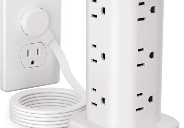 Power Strip Tower with Wireless Charger, Flat Plug Surge Protector Tower with 6FT Extension Cord, 12 AC Multiple Outlets, 4 USB (2 USB C),15W Wireless Charging Power Tower for Home Office Dorm, White