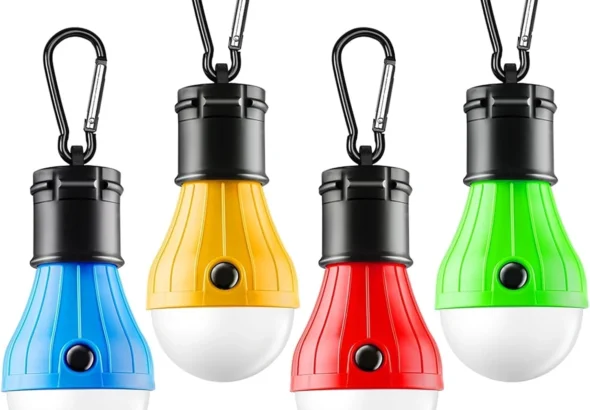 FLY2SKY Portable LED Tent Lamp, Clip Hook Hurricane Emergency Light Bulb, Camping Equipment Lanterns for Hiking, Backpacking Outage, B-CLOSED-HOOK, 4 Packs