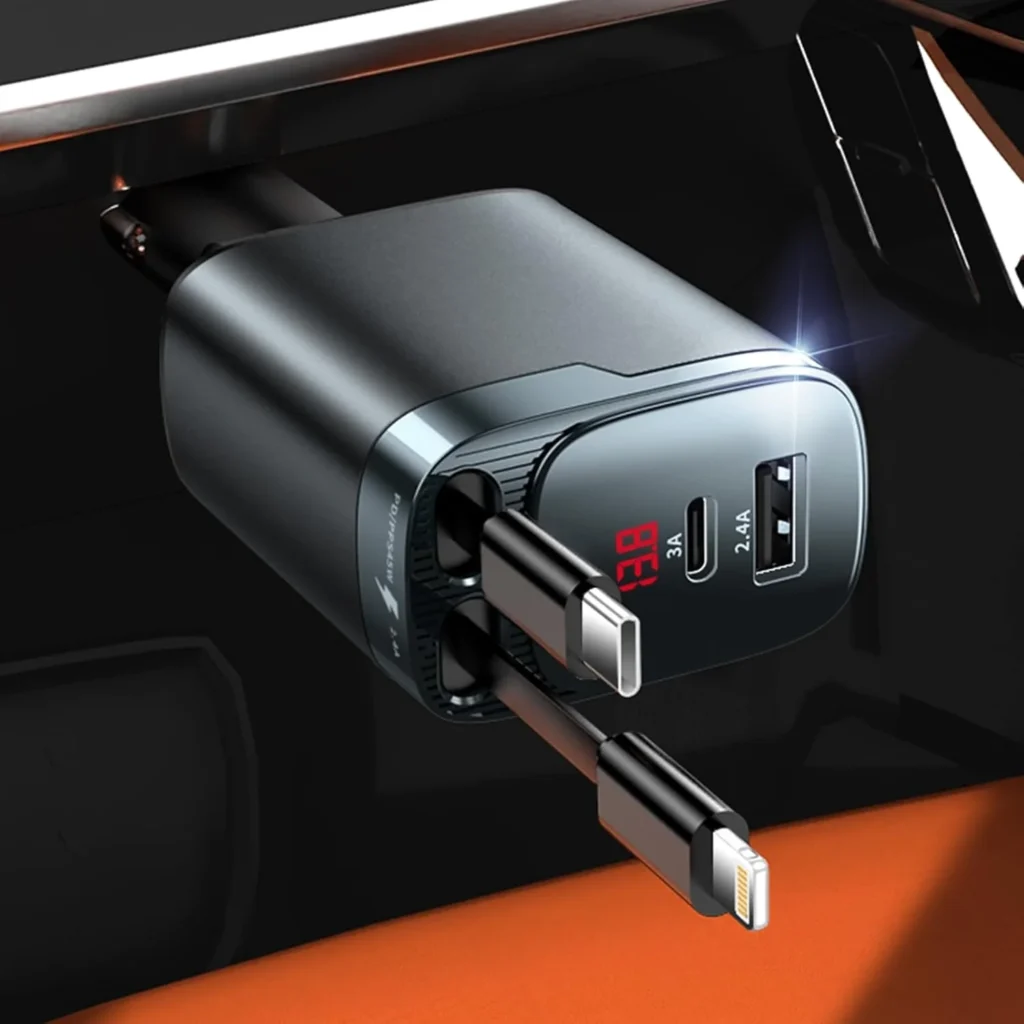 Retractable Car Charger, 4 in 1 Car Charger USB C Fast Charge, Cigarette Lighter USB Charger, Travel Essentials Car Accessories Gifts for Men Women for iPhone 17 16 15 14 13 12 Pro Max, Samsung