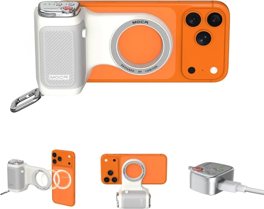 COMITOK MOCA - iPhone Camera Grip - for Native Camera Control with Removable Remote & Built-in Keychain, Magnetic Phone Camera Grip No Need App Support iOS26/17/18, Fun Shot Magnetic Grip with 1/4 Nut