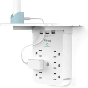 Wall Outlet Extender with Surge Protector, 6 AC Outlets, Shelf, 2 USB & USB C Charging Ports - Home & Dorm Plug Expander | 2 USB A & USB C Charging Ports, Home & Dorm Plug Expander