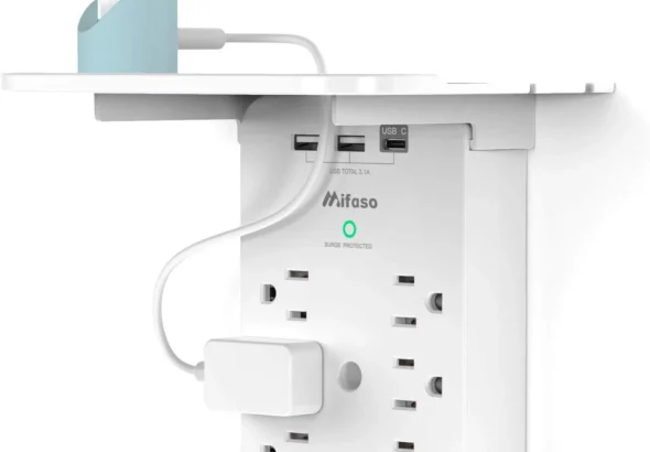 Wall Outlet Extender with Surge Protector, 6 AC Outlets, Shelf, 2 USB & USB C Charging Ports - Home & Dorm Plug Expander | 2 USB A & USB C Charging Ports, Home & Dorm Plug Expander