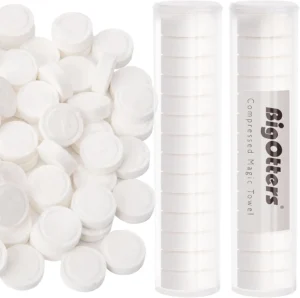BigOtters Compressed Towels, 100PCS D isposable Face Towels for Travel Expandable Wipes Tablets with 2PCS Tube Containers for Survival Gear and Supplies Outdoors Camping Hiking Hotel