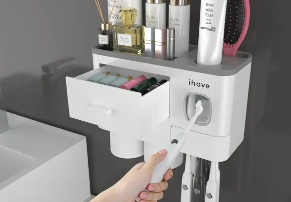 iHave Toothbrush Holders for Bathrooms, 2 Cups Toothbrush Holder Wall Mounted with Toothpaste Dispenser - Large Capacity Tray, Cosmetic Drawer - Bathroom Decor & Bathroom Accessories
