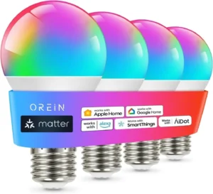 OREiN Matter Smart Light Bulb, A19 RGBTW Color Changing Light Bulbs, 4 Pack | Work with Alexa/Apple Home/Google Home/SmartThings800lm 60W Equivalent Alexa Light Bulbs, E26 Base 2.4Ghz WiFi LED Bulbs