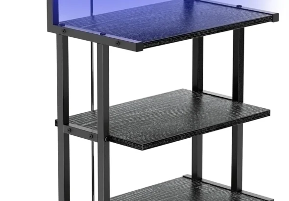 Aquzee Game Console Shelf, 4-Tier Video Gaming Consoles Stand with Outlet & RGB Light, Small Media Entertainment Center for Audio Stereo Storage Organizer Playroom Furniture, Stereo Stands and Racks