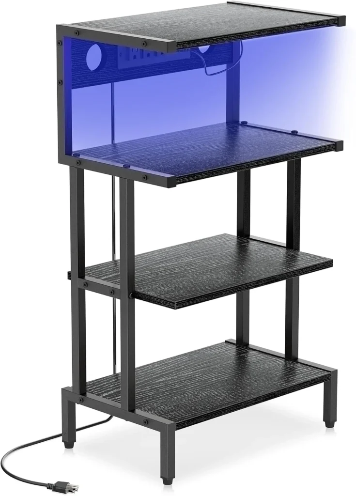 Aquzee Game Console Shelf, 4-Tier Video Gaming Consoles Stand with Outlet & RGB Light, Small Media Entertainment Center for Audio Stereo Storage Organizer Playroom Furniture, Stereo Stands and Racks