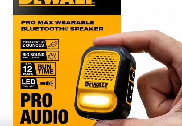 DEWALT Heavy Duty Wearable Bluetooth Speaker Pro Max (New Model) Jobsite Clip-On Mini Speaker w/LED Work Light, IP56 Water Resistant, 12H Runtime, Built-in Mic & Multi-Speaker Link