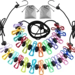 2 Pack Camping Clothesline Portable 12 Clothespins, Colorful | Camping Accessories Travel Clothesline for Outdoor Indoor, Retractable Clothes Line Elastic Clothesline for Camper Hotel Room