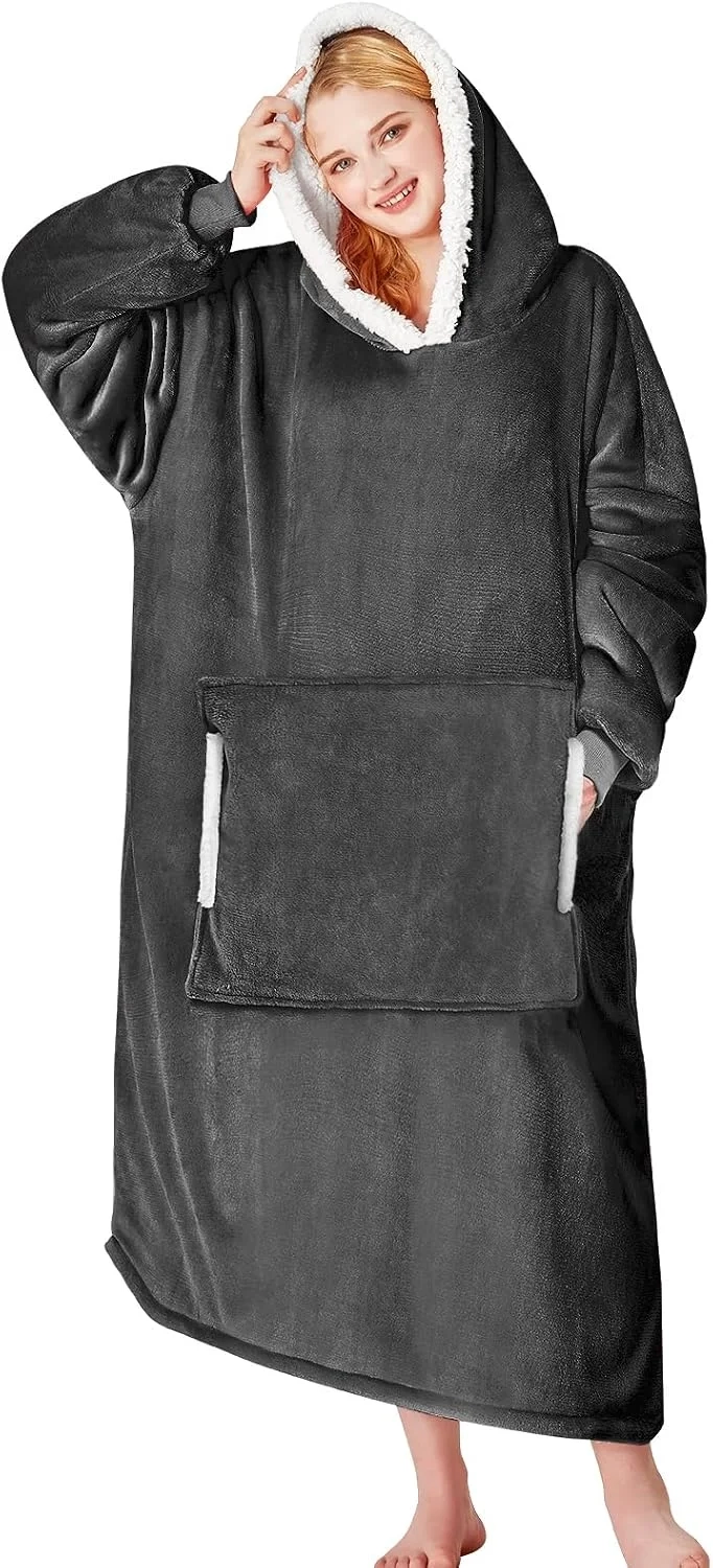 yescool Wearable Blanket Hoodie, Flannel Sherpa Fleece Blanket Sweatshirt for Adults Women Men,One Size Fits All