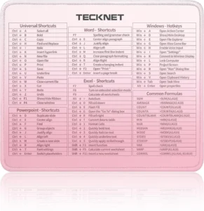 TECKNET Excel Cheat Sheet Desk Pad, Mouse Pad for Excel Word PowerPoint Windows Shortcuts-11.6x9.8 Inch, Non-Slip Waterproof Office Desk Mat, Portable, Durable, Clear Printing, Pink