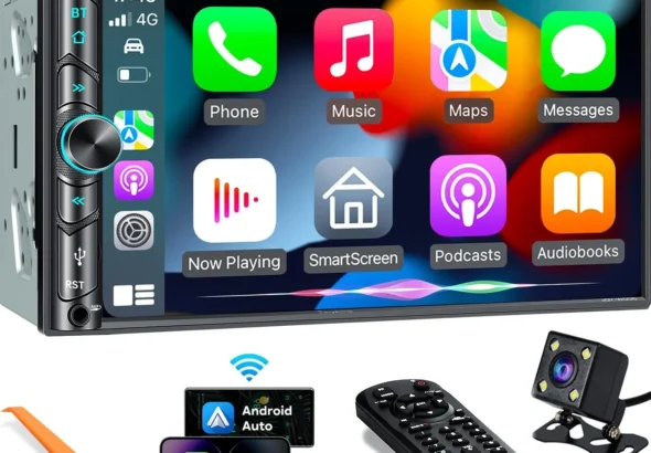 Upgrade Wireless Double Din Car Stereo with Carplay, Android Auto, Bluetooth, 4-Channel RCA, High Power, 2 Subwoofer Ports, 7" HD Capacitive Touchscreen Car Radio, Backup Camera, Audio Receiver