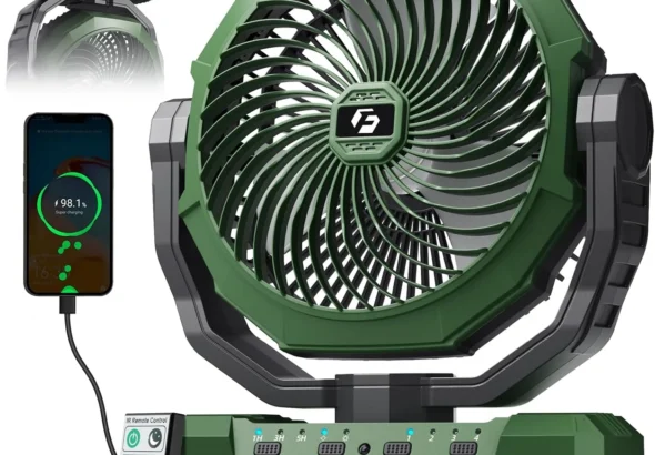 FRIZCOL 3-in-1 Camping Fan - Portable Fans Rechargeable - 24000mAh Battery Powered Fan with Light & Remote for Indoor, Outdoor, Tent, Travel, Fishing, Jobsite, Gifts for Men Dad Him - Green