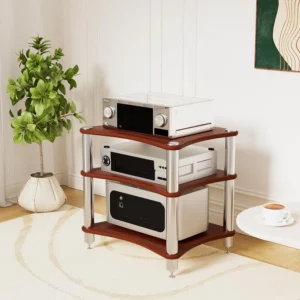 3-Tier AV Media Stand with Speaker Spikes, Stereo Racks and Stand | Audio Equipment Cabinet Entertainment Device Open Air Storage, Dark Wood
