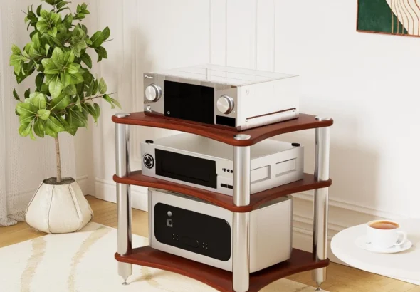 3-Tier AV Media Stand with Speaker Spikes, Stereo Racks and Stand | Audio Equipment Cabinet Entertainment Device Open Air Storage, Dark Wood