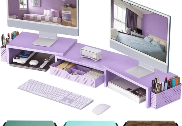 gianotter Dual Monitor Stand Riser, Desk Organizer With Drawer and 2 Pen Holders, Desk Organizers and Accessories, Purple Office Decor (Purple)