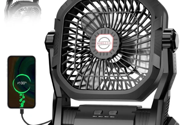 Camping Fan Rechargeable, 20000mAh Battery Powered Portable Fan with LED Light & Hook, 4-Speed 270 Adjustable, Camping Essentials for Tent, Travel, Car, Outdoor, Indoor, BBQ, Fishing, Jobsite