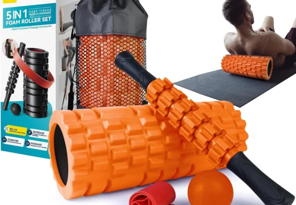 Krightlink 5 in 1 Foam Roller Set for Deep Tissue Muscle Massage, Trigger Point Fitness Exercise Foam Roller, Massage Roller, Massage Ball, Stretching Strap, for Whole Body (Orange Black)
