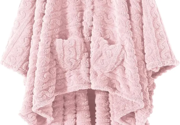 Wearable Blanket Poncho Cape Wrap for Adult, Cozy Sherpa Fleece Pocketed Shawl TV Throw Blankets for Office and Lounge(Pink,58'' x 64'')